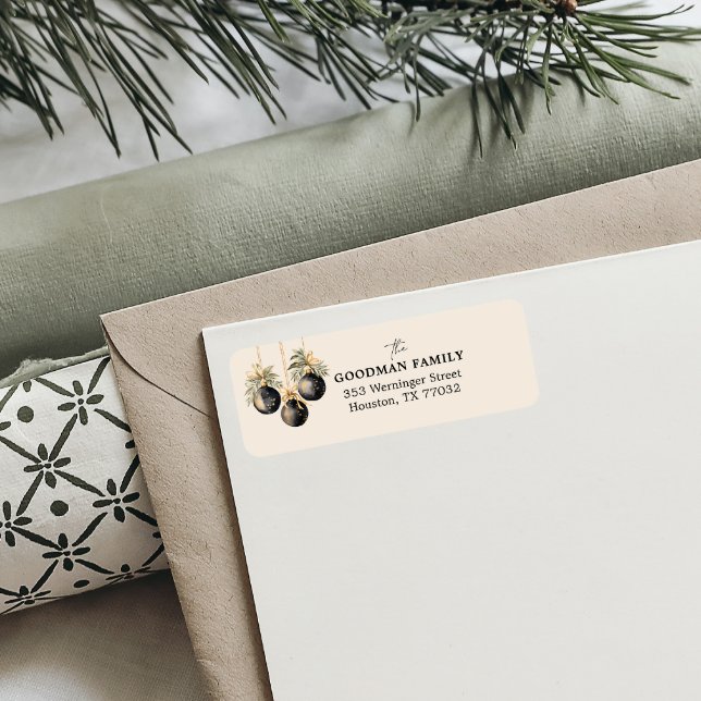 Mörk grönt Elegant Grey-Chicen Jul Returadress Etikett (ELEGANT CLASSIC RETURN ADDRESS CHRISTMAS MAILING WITH ORNAMENTS AND BAUBLES AND GREENERY AND BOWS)