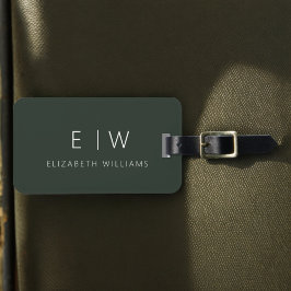 Mörk grönt Elegant Modern Minimalist Monogram Namn Bagagebricka