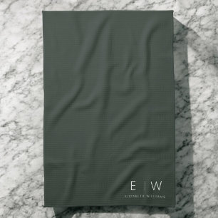 Mörk grönt Elegant Modern Minimalist Monogram Namn Kökshandduk