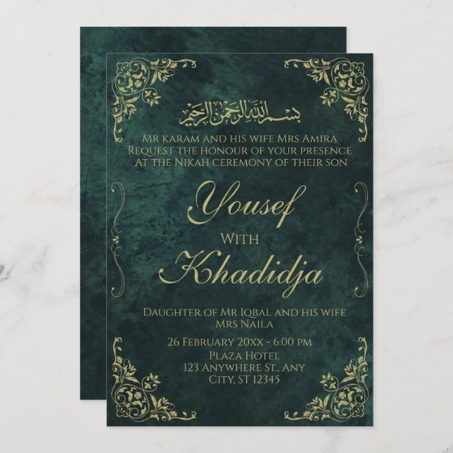 Mörk grönt Elegant Muslim Nikah-inbjudan Inbjudningar (Fram/baksida)