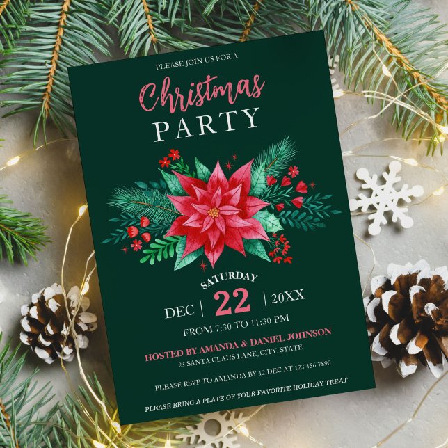 Mörk grönt Elegant Röda vattenfärgen Poinsettia Inbjudningar (Red Watercolor Poinsettia Flowers Christmas Party Invitation)