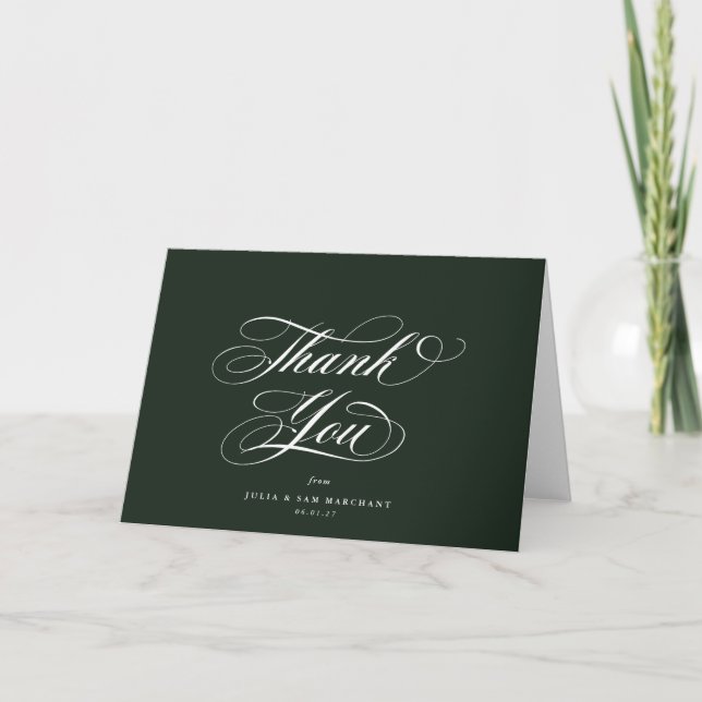 Mörk grönt Elegant Skript Tom Bröllop Tack Kort (Framsida)