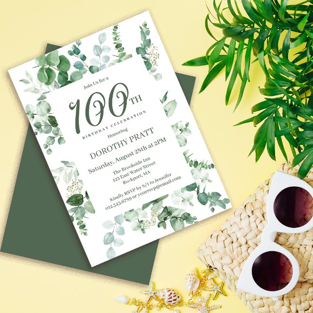 Mörk grönt Eucalyptus 100: e Födelsedagsfesten Inbjudningar (Need matching party supplies? Welcome signs, paper plates, napkins, etc. Message me!)