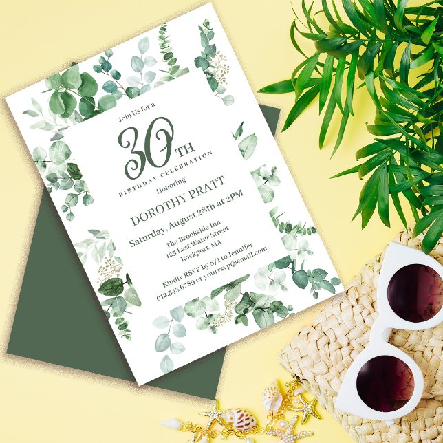Mörk grönt Eucalyptus 30års födelsedag Party Inbjudningar (Need matching party supplies? Welcome signs, napkins, paper plates. Something else? Message  me!)