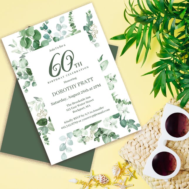 Mörk grönt Eucalyptus 60: e Födelsedagsfesten Inbjudningar (Need matching party supplies? Welcome signs, napkins, paper plates, something else. Message me!)