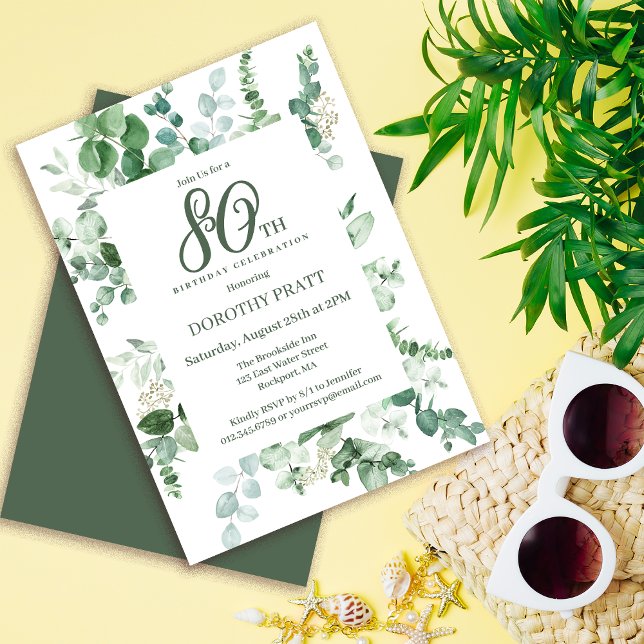 Mörk grönt Eucalyptus 80: e Födelsedagsfesten Inbjudningar (Need matching party supplies? Welcome signs, napkins, paper plates. Something else? Message me!)