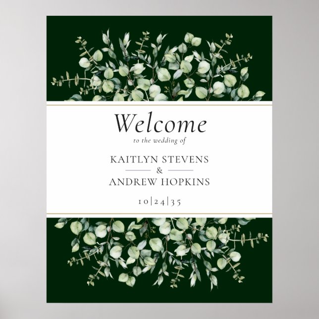 Mörk grönt Eucalyptus Bröllop Välkommen Poster (Framsidan)