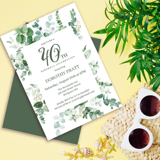 Mörk grönt eukalyptus 40:e födelsedag Party Inbjudningar (Need matching party supplies. Welcome signs, napkins, paper plates. Something else? Message me!)