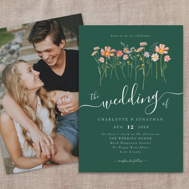 Mörk grönt foto för Elegant av Wildblomsverktyg Inbjudningar (Wildflower meadow fall florals photo dark green wedding invitation Whimsical boho script watercolor)