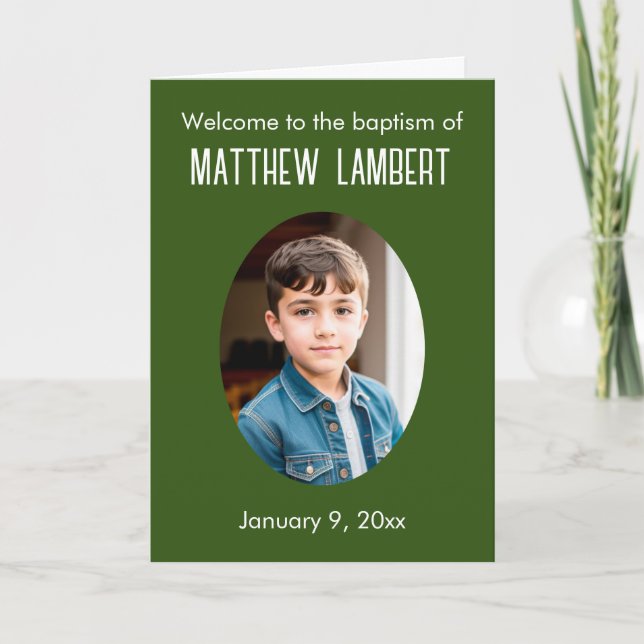 Mörk grönt foto-frontens-polka-prickad baptism program (Framsida)