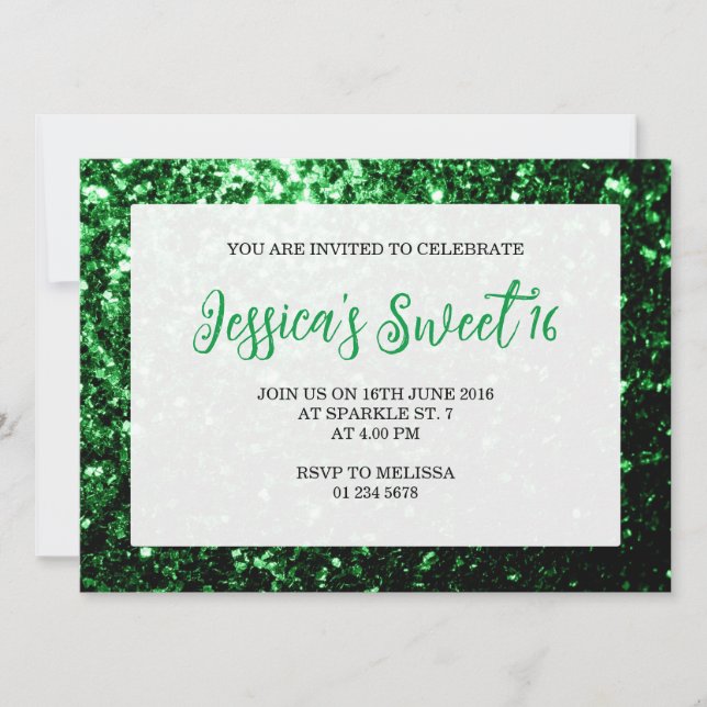 Mörk grönt glitter gnistra Sweet 16 elegant-skript Inbjudningar (Framsida)