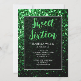 Mörk grönt glitter gnistra Sweet 16 elegant-skript Inbjudningar