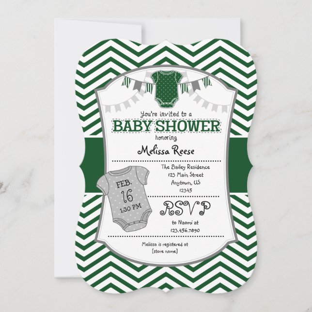 Mörk grönt Grått Chevron Baby Shower-inbjudan Inbjudningar (Framsida)