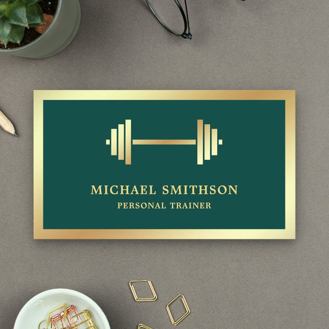 Mörk grönt Guld Dumbbell Fitness Personal Trainer Visitkort (Skapare uppladdad)