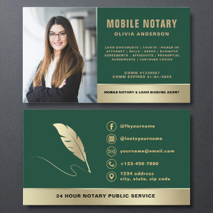 Mörk grönt Guld Mobile Notary Signing Agent Photo Visitkort