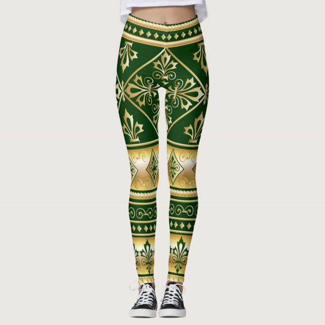 Mörk grönt Guld - vit keltisk gaelisk design Leggings (Framsida)