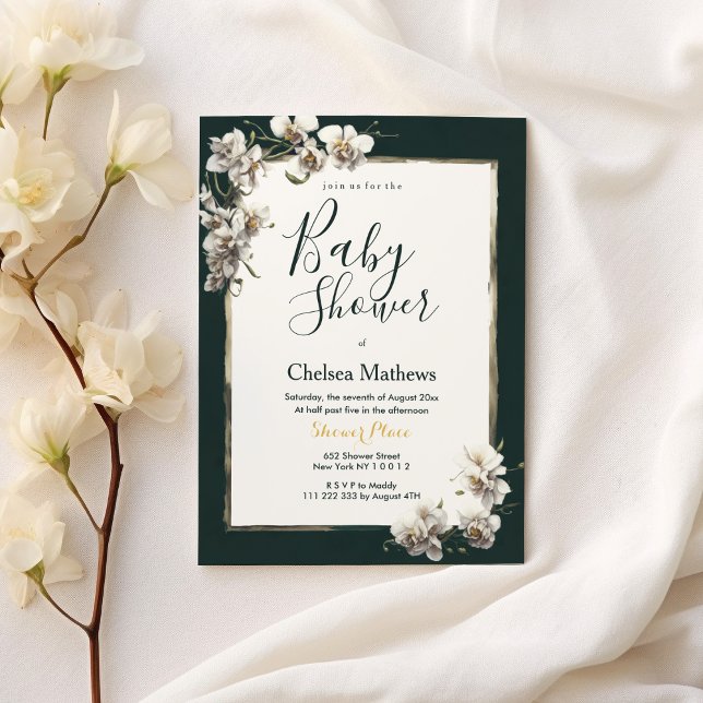 Mörk grönt guld-vita orkidblommor Baby Shower Inbjudningar (Dark green gold white orchid flower Baby Shower)