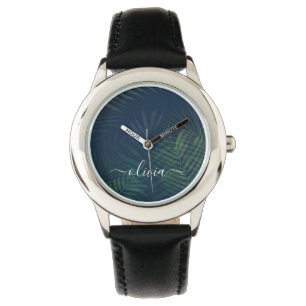 Mörk grönt handflatan löv mönster armbandsur