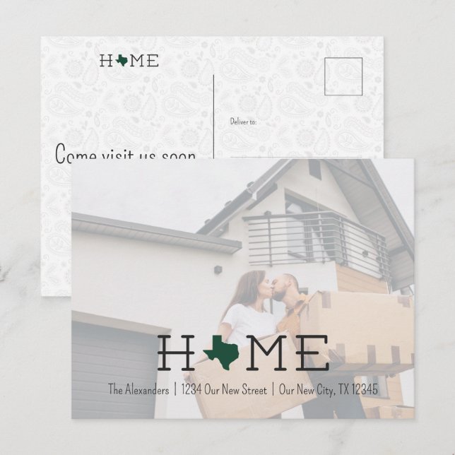 Mörk grönt HOME Texas Flytta Announcement Vykort (Fram/baksida)