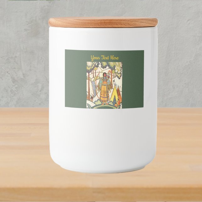 Mörk grönt Indian Dam Skogen Mat Etiketter (Western American Indian lady embroidery texture in woods waterfall tepee on green food jar label.)