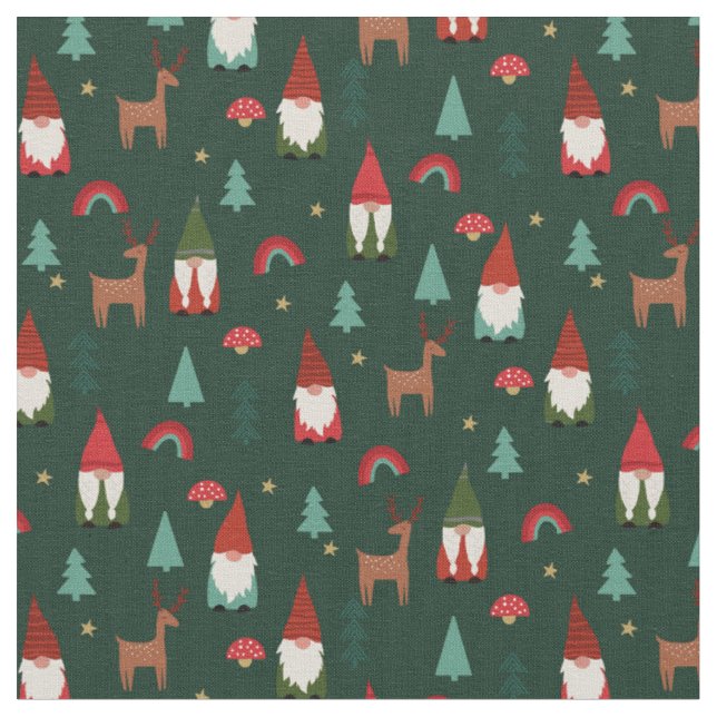 Mörk grönt Jul Gnomes-helgdag Tyg (Närbild)