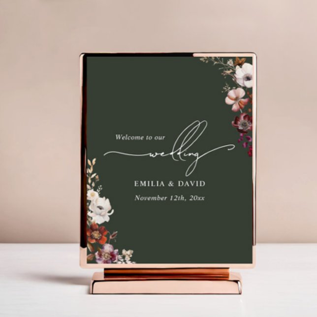 Mörk grönt  kalligrafi för hösten Blommigt Bröllop Poster (Skapare uppladdad)