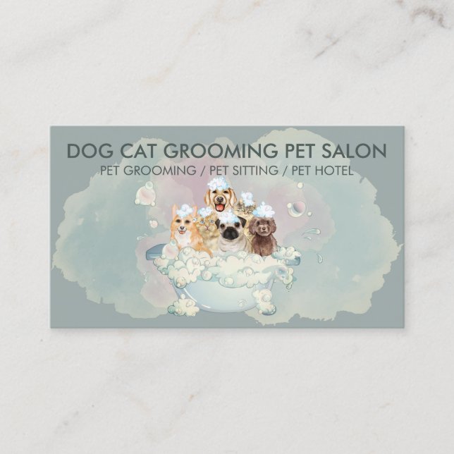 Mörk grönt katter Hundar Pet Groomer Visitkort (Framsida)