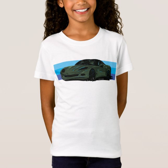 Mörk grönt korvett C6 med Blue Rand T Shirt (Framsida)