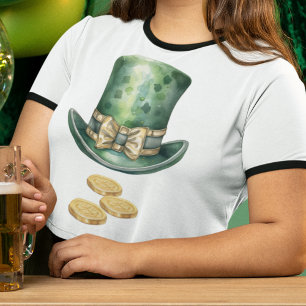 Mörk grönt Leprechaun Hat med Guld Mynt T Shirt