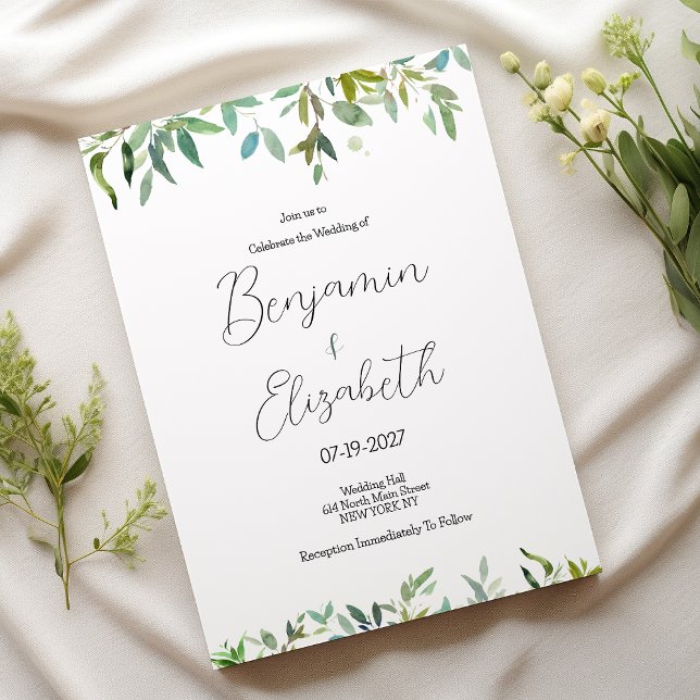 Mörk grönt lövgrej i Bröllop Inbjudningar (Botanic mint dark green foliage greenery Wedding )