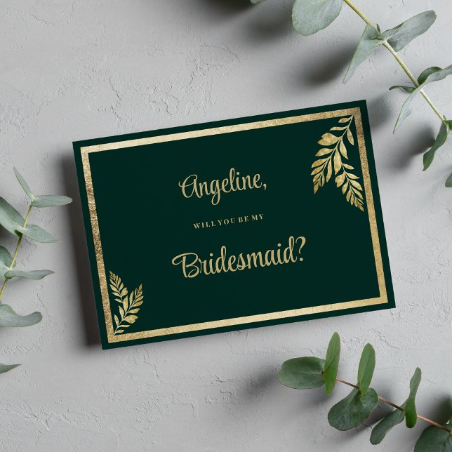 Mörk grönt lyxgulden löv ram Bridesmaid Inbjudningar (Luxury dark green golden leaf frame Bridesmaid )