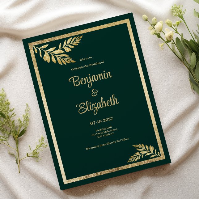 Mörk grönt lyxgyllene löv ram Bröllop Inbjudningar (Luxury dark green golden leaf frame Thank You)