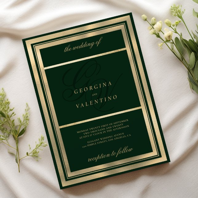 Mörk grönt lyxmonogrammet guld initialer bröllop inbjudningar (Luxury gold dark green monogram initials wedding)