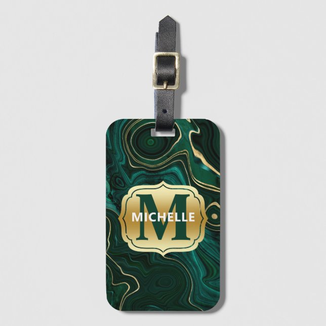 Mörk grönt malakit och guldfoil Strata Veining Bagagebricka (Framsida vertikal)