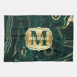 Mörk grönt malakit och guldfoil Strata Veining Kökshandduk