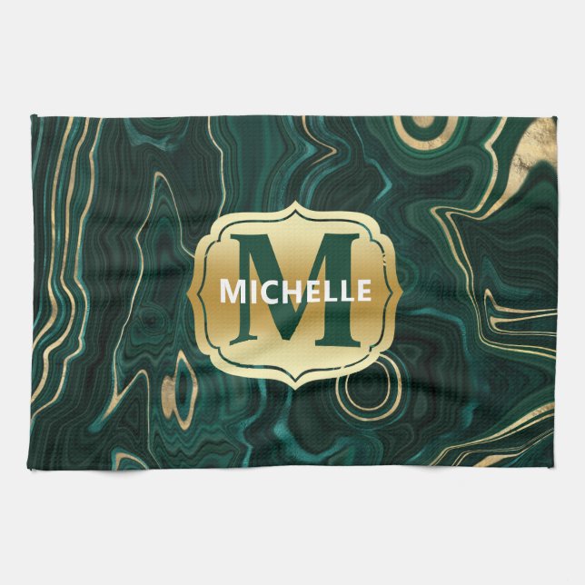 Mörk grönt malakit och guldfoil Strata Veining Kökshandduk (Horisontell)