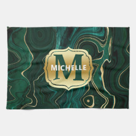 Mörk grönt malakit och guldfoil Strata Veining Kökshandduk