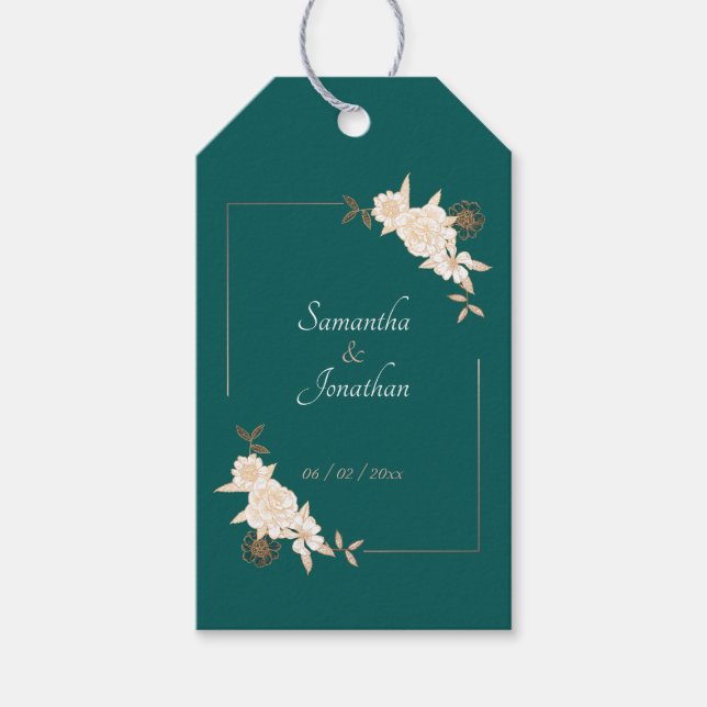 Mörk grönt med Cream Ro Bröllop Presentetikett (Framsidan)