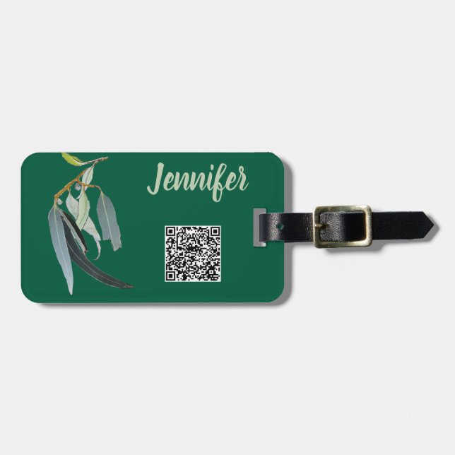 Mörk grönt med Löv för vattenfärg med namn Bagagebricka (Horisontell Framsida)