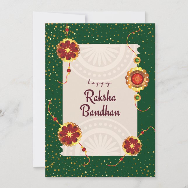 Mörk grönt med raakhis & raksha bandhan önskemål tack kort (Framsida)