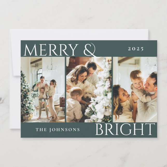 Mörk grönt Merry & Bright Photo Collage-jul Julkort (Framsida)