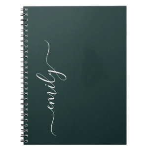 Mörk grönt Modern Script Monogram Namn Anteckningsbok