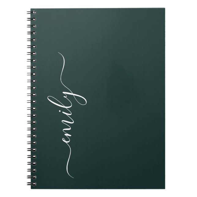 Mörk grönt Modern Script Monogram Namn Anteckningsbok (Framsidan)