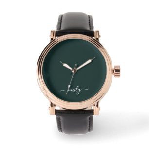 Mörk grönt Modern Script Monogram Namn Armbandsur