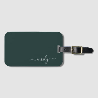 Mörk grönt Modern Script Monogram Namn Bagagebricka