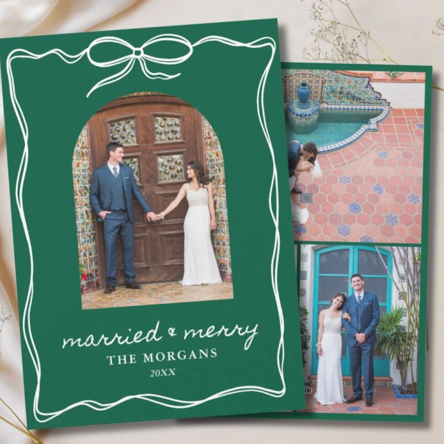 Mörk grönt, modernt, minimalistiskt, gift och foto julkort (Dark Green Modern Minimalist Married & Merry Photo Holiday Card
)