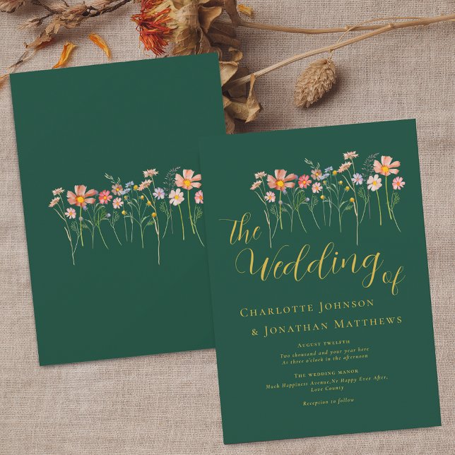 Mörk grönt och Guld i Elegant för Wildblomskugga Inbjudningar (Wildflower boho fall floral dark green & gold fall Wedding invitation Elegant script watercolor)