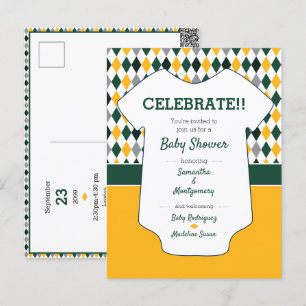 Mörk grönt och Gult Argyle Mönster Baby Shower Vykort