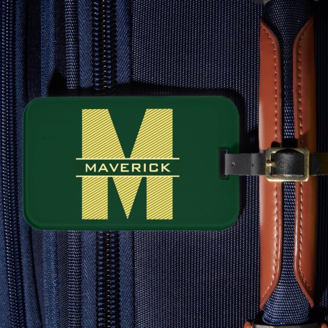 Mörk grönt och Gult Monogram Namn Modern Masculine Bagagebricka (Framsida Insitu 4)