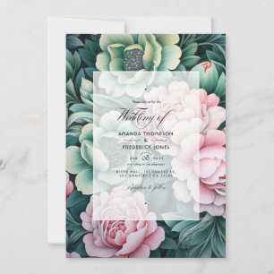 Mörk grönt och Pastel Rosa Blommigt Bröllop Inbjudningar